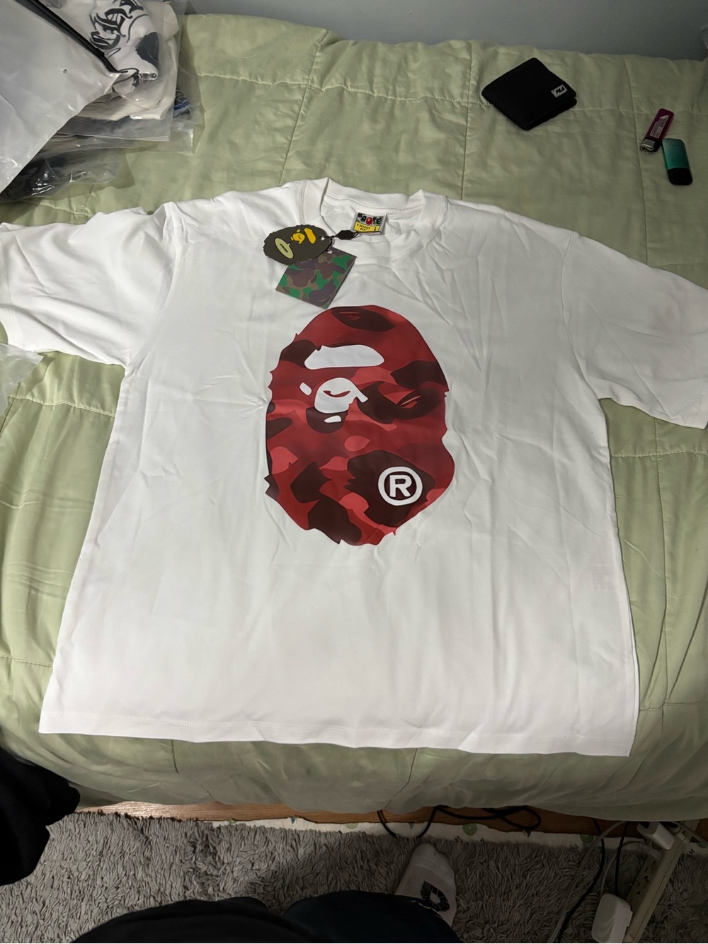 Bape White Tee with Red Camo Ape Head Graphic